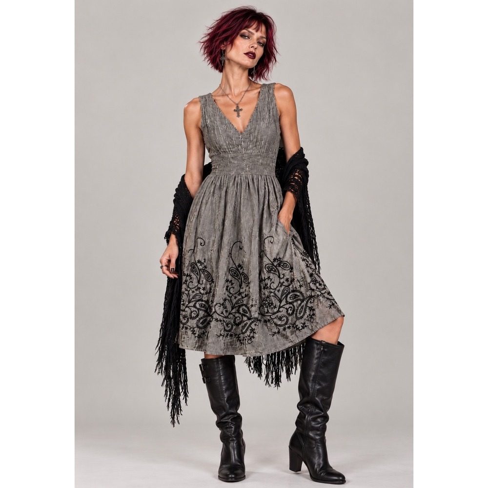 Lapis Textured Embroidered Dress S Gray Black Boho Lagenlook Soft Grunge